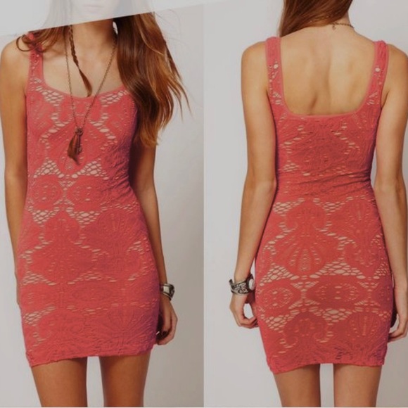 Free People Coral/Pink Medallion Lace Bodycon Dress - Picture 1 of 4